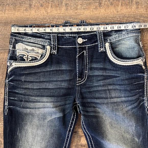 Rock Revival Zinfandel Straight Jeans Mens 36X31* Blue Whiskering Fading Stretch - Picture 10 of 13